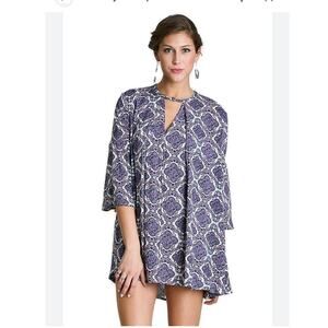 Umgee Purple Blue Pink Floral Print Keyhole Long Sleeve Tunic Mini Dress Size S